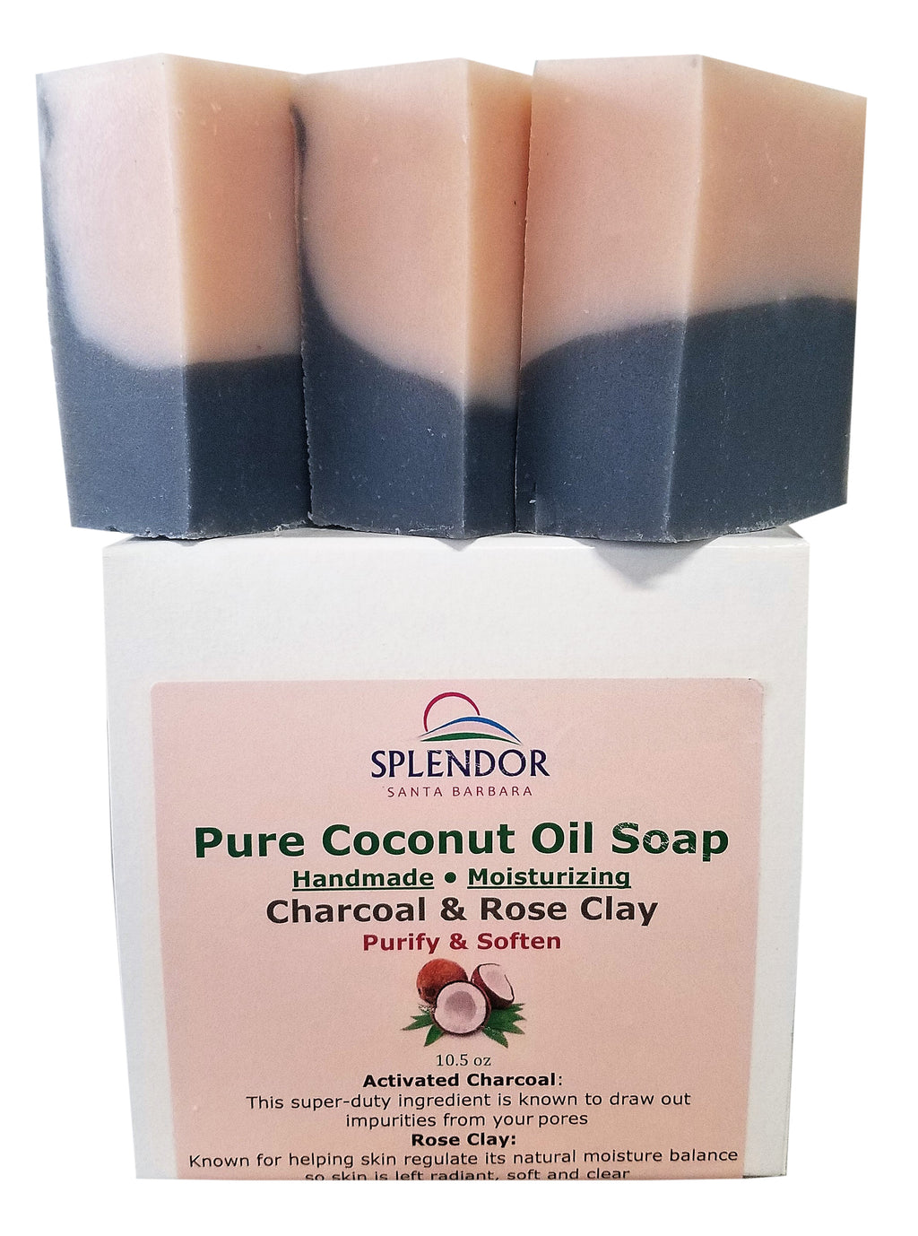 Splendor Activated Charcoal & Rose Clay Spa Face & Body Bar Soap - Pure Coconut Oil Soap. Handmade, Vegan, Natural, Moisturizing