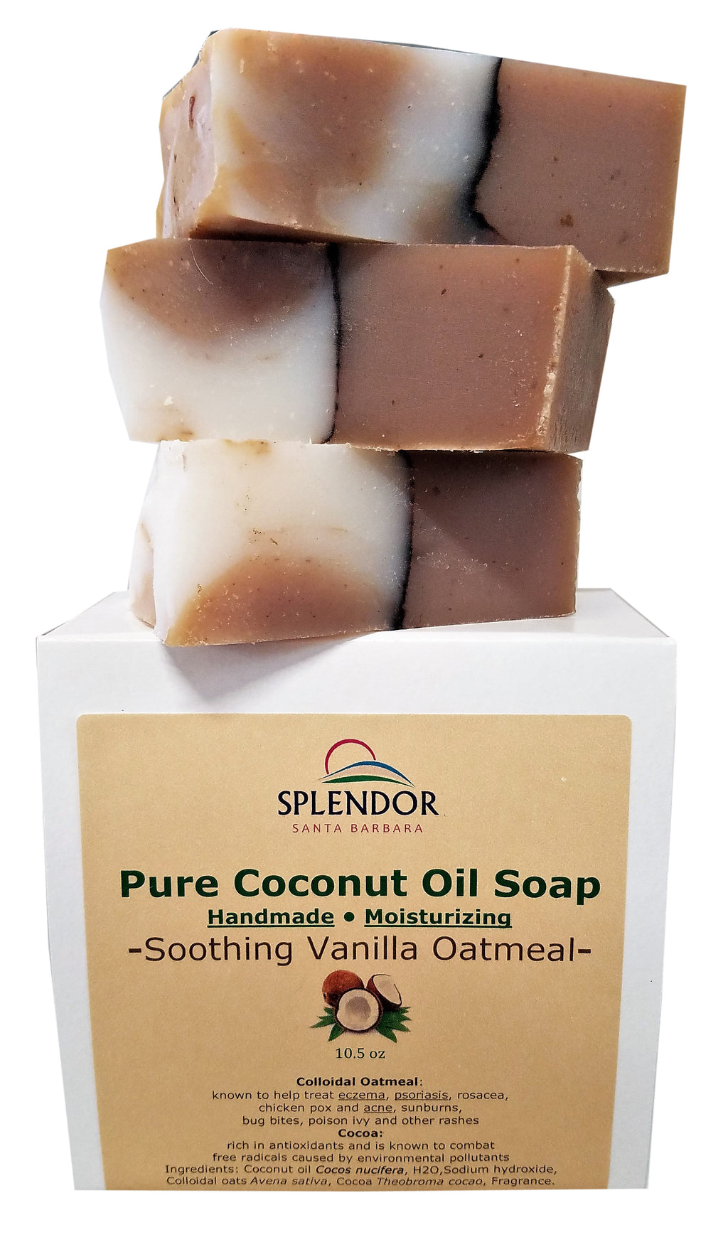 Splendor Soothing Vanilla Oatmeal Soap- Natural Coconut Oil Hand, Face & Body. Handmade, Vegan, Moisturizing, with Gluten-Free Oats and Antioxidant-Rich Cocoa