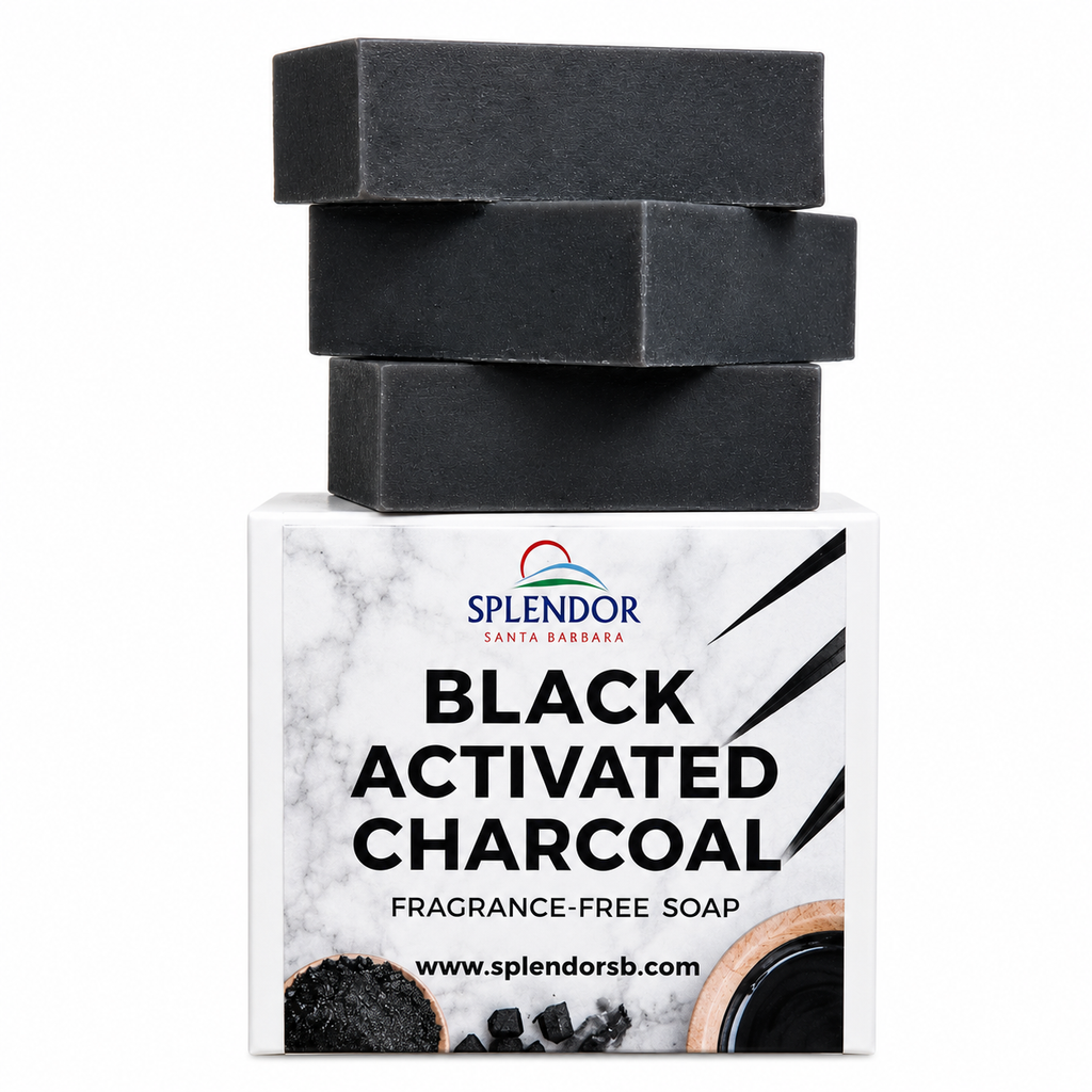Splendor Black Activated Charcoal Soap Bars -  New & Improved Formula - Unscented Natural Cold-Process Soap - Odor Neutralizer, Handmade & Vegan - Gentle Skin Cleanser for Face, Body, and Hands - Detox & Deep Cleanse - Splendor Santa Barbara