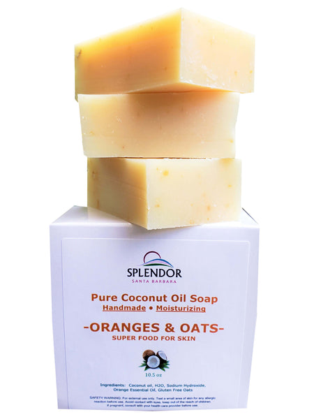 Oranges & Oats Coconut Face and Body Bar Soap Natural with Orange Essential Oil. Gluten-Free Oats. Handmade in USA, Vegan, Moisturizing. - Splendor Santa Barbara